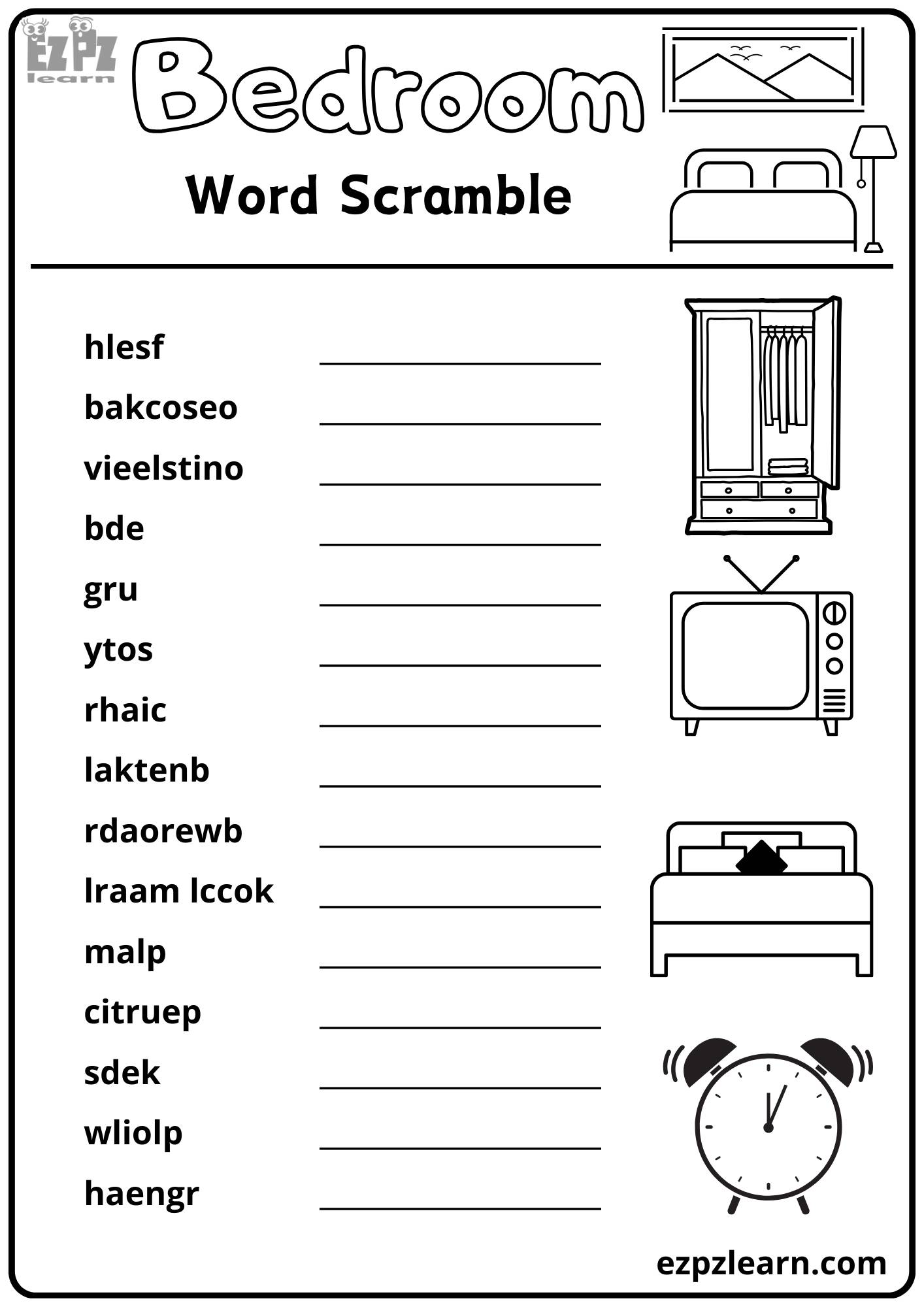 Bedroom Word Scramble 15 Vocabulary Words Free Downloadable PDF File